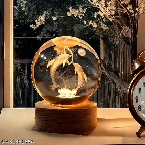 3D Crystal Ball Night Lamp,Solar System, USB Table Colorful LED Wooden Crystal Ball for Home Decoration Birthday Gift for Teens Boys and Girls (Dolphin with Moon)